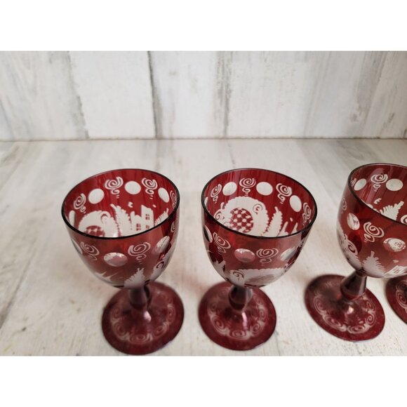 Egermann red cup Bohemian etched glass set collectible vintage - Picture 4 of 13